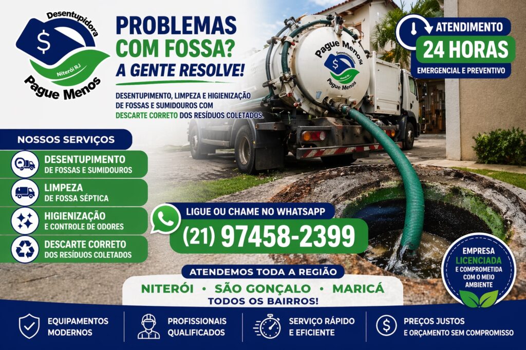 Desentupir fossa urgente em Niterói com atendimento rápido, limpeza, higienização e descarte correto. Solicite orçamento sem compromisso agora mesmo!