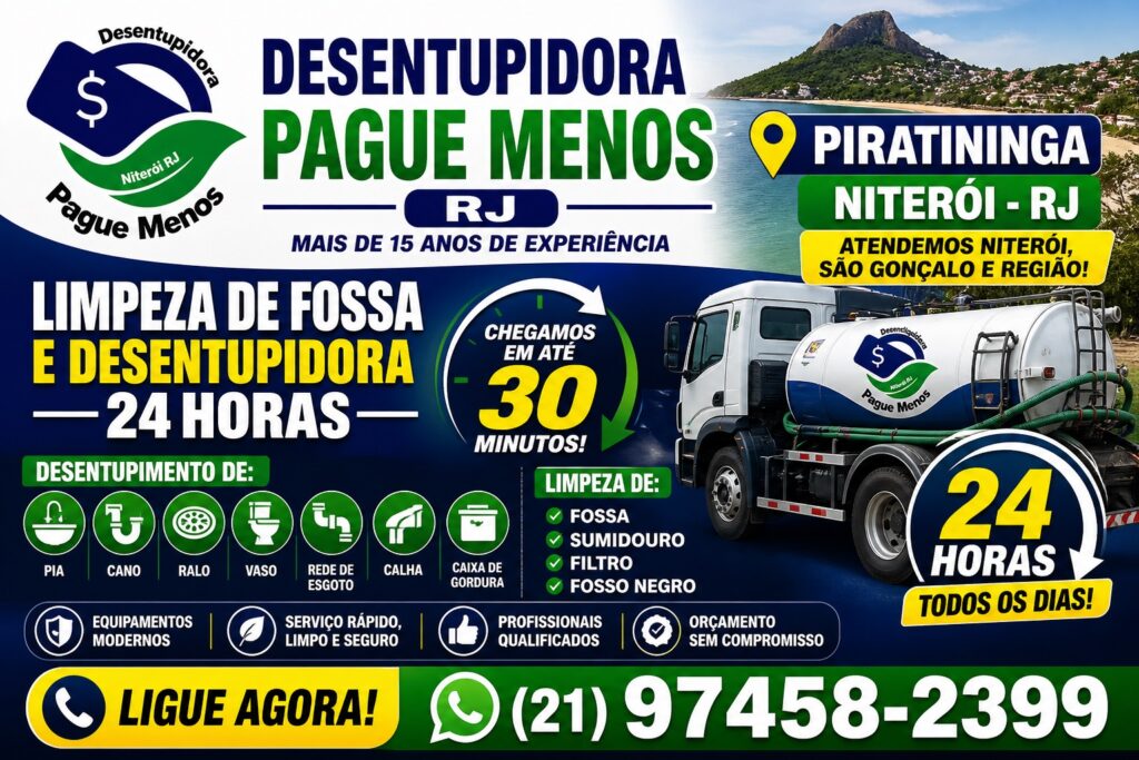Limpeza de fossa e desentupidora no bairro Piratininga em Niterói 24 horas com atendimento rápido, orçamento grátis.