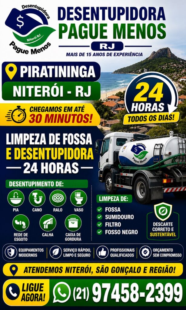 Limpeza de fossa e desentupidora no bairro Piratininga em Niterói 24 horas com atendimento rápido, orçamento grátis.